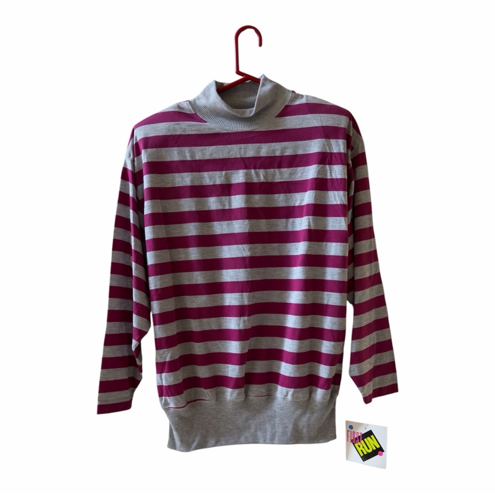 Striped Cowl Neck Sweater - Pink and Gray
